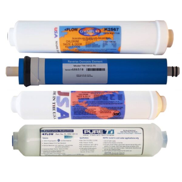4 Filter Set for 4-stage Antibacterial KDF-55 Countertop RO Systems, including Sediment, T28, 75 or 150 GPD RO membrane and KDF-55/T33 inline filter cartridges