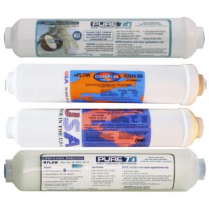 Universal 4 Filter Set for 5-stage RO Systems, including 5m Sediment, T28 GAC, 0PPM DI beds and T33 GAC filters, made in USA