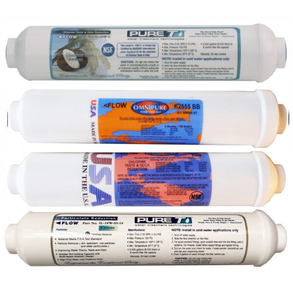 4 Filter Set for 5-stage Universal Countertop RO Systems, including Sediment, T28, DI and T33 inline filter cartridges