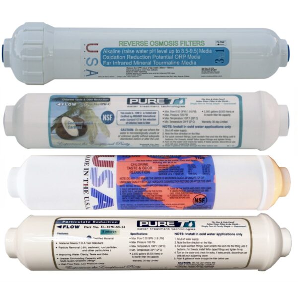 4 Filter Set for 5-stage Alkaline Countertop RO Systems, including Sediment, T28, T33 & 3-in-1 Alkaline inline filter cartridges