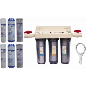 Whole House 3-Stage Water Filtration System, 3/4" port with 2 valves and extra 1 year filter supply (2 sets, 6 pcs)